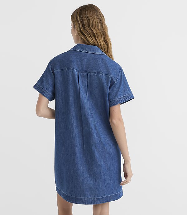 A woman in a denim shirt dress stands against a plain white background.
