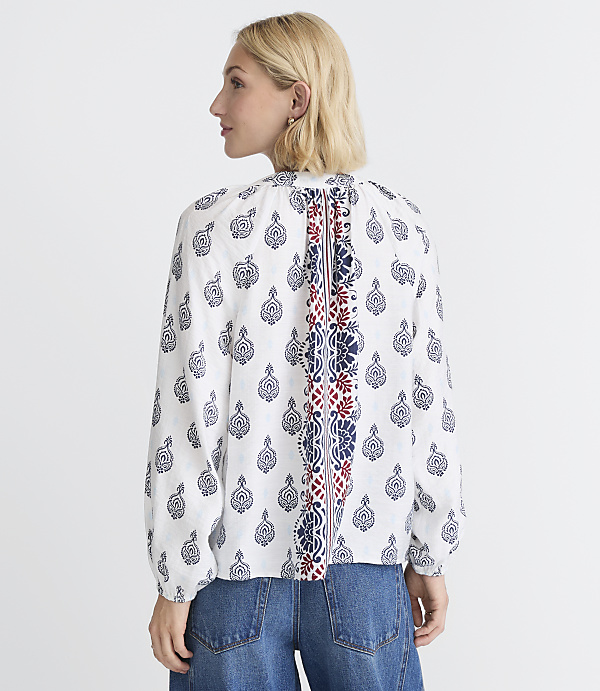 Petite Border Paisley Shirred Split Neck Blouse