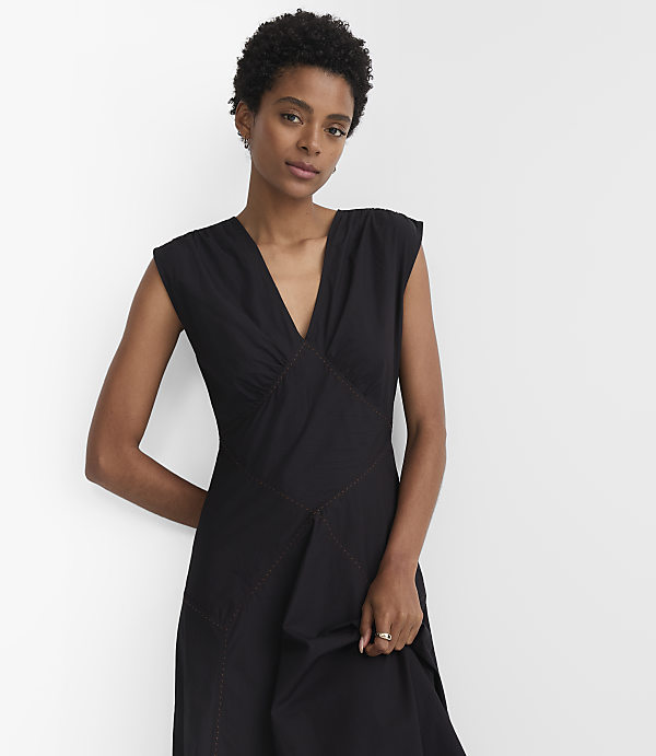 Petite Topstitched Poplin V-Neck Midi Dress