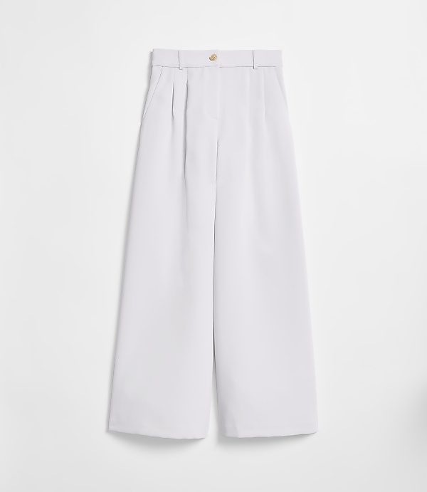 A pair of light purple wide-leg trousers with a gold button are displayed against a plain white background.