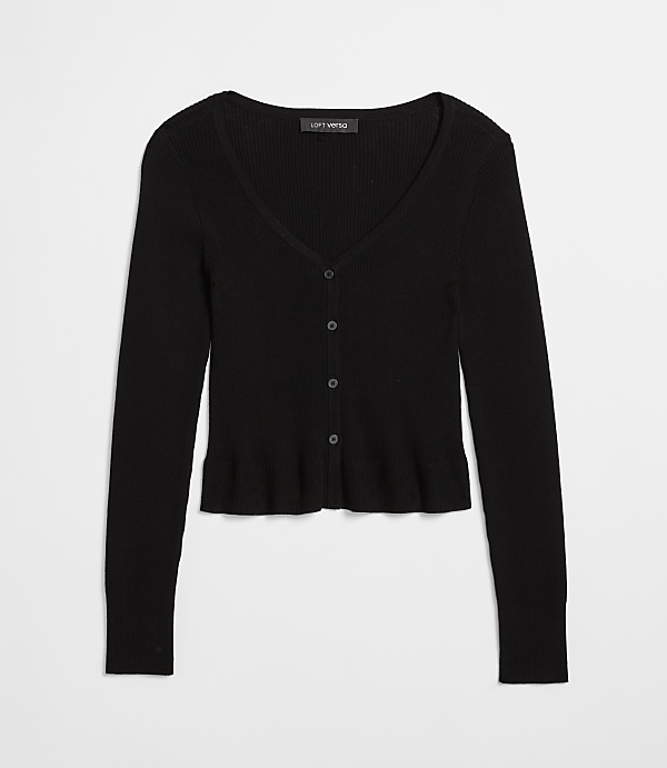 A black ribbed cardigan with a ruffled hem is displayed against a plain white background.