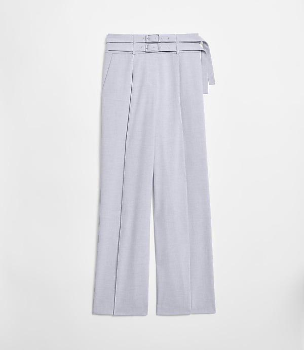 A pair of light gray, wide-leg trousers with a belted waist are displayed against a plain white background.
