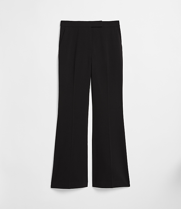 Black flared trousers with a white background.