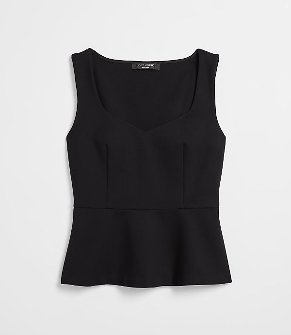 A black sleeveless peplum top with a sweetheart neckline is laid flat against a plain white background.