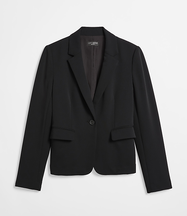 A black blazer with a single button closure is displayed against a plain white background.