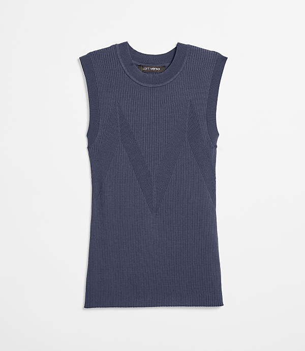 A navy blue sleeveless ribbed knit top with a V-shaped pattern is centered against a plain white background.