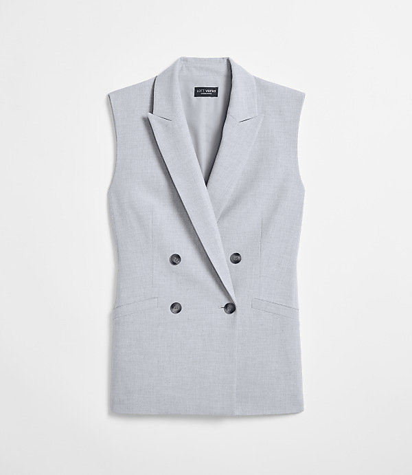 A light gray, double-breasted sleeveless blazer with dark buttons is presented against a plain white background.