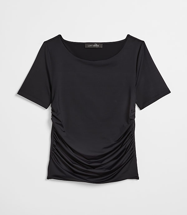A black, short-sleeved t-shirt with ruched detailing on the side is laid flat against a plain white background.