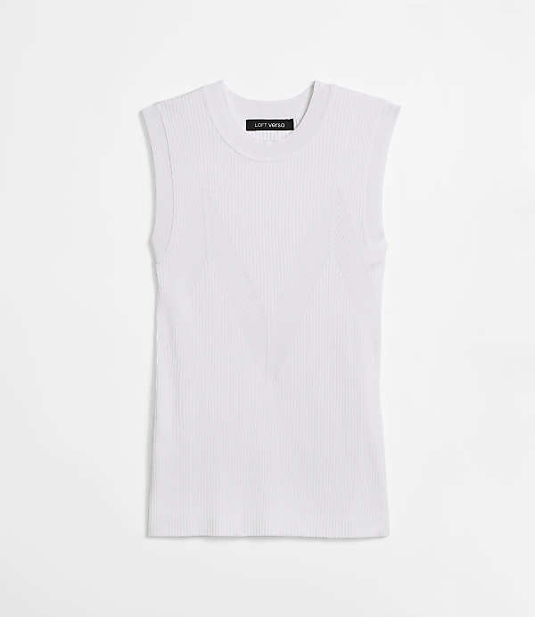 A white ribbed sleeveless top with a black tag is centered against a plain white background.