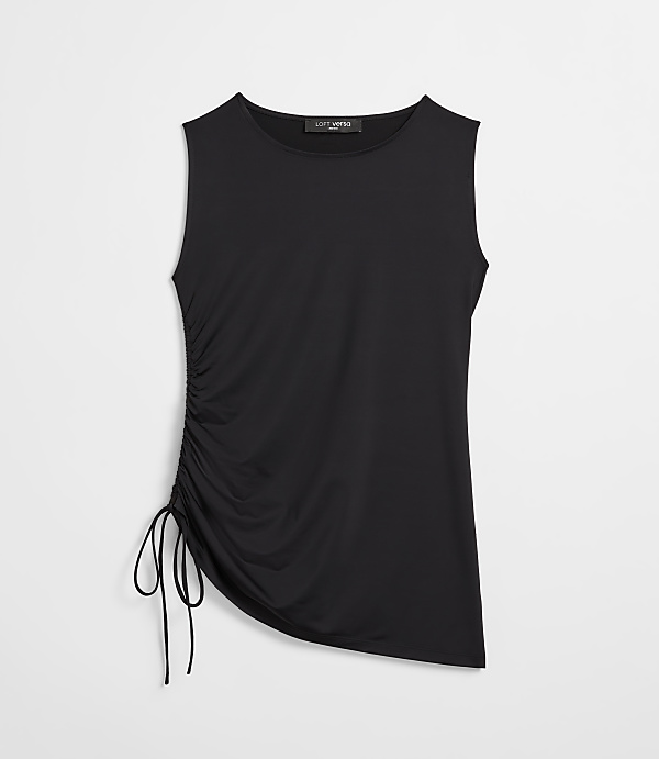 A black sleeveless top with a ruched side detail and drawstrings is presented against a plain white background.