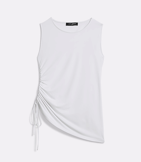A white sleeveless top with a ruched side detail is presented against a plain white background.
