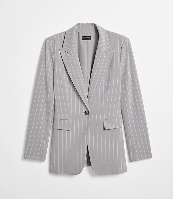 A light gray pinstripe blazer with a single button closure is presented against a plain white background.
