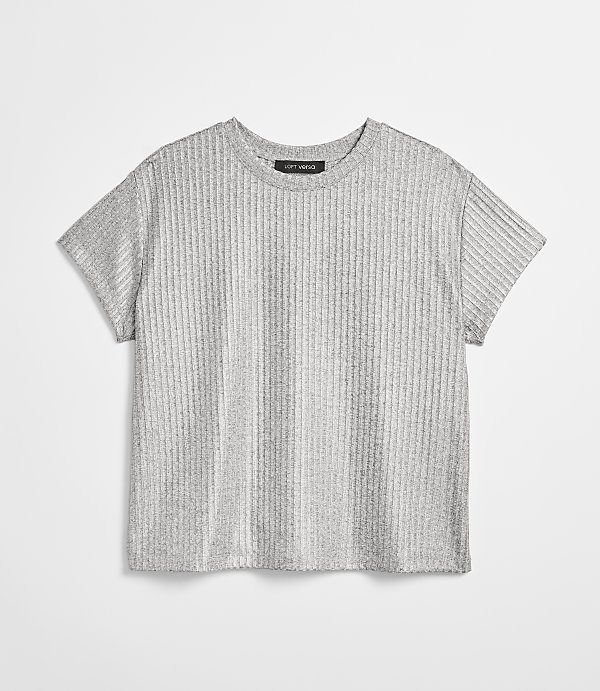 A grey, ribbed t-shirt with short sleeves is laid flat against a plain white background.