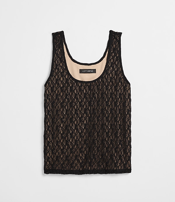 A black lace tank top with a nude lining is laid flat against a white background.