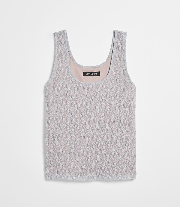 A light gray lace tank top with a pink lining is laid flat against a plain white background.