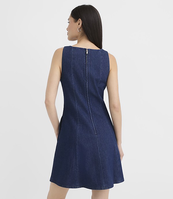 Petite Seamed Denim Flare Mini Pocket Dress in Classic Indigo Wash