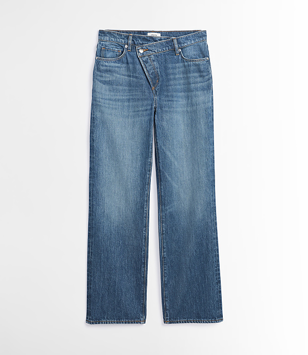 Rivete Petite Curvy Crossover Waist Mid Rise Relaxed Straight Jeans in Vintage Distressed Wash