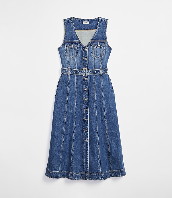 Petite Belted Seamed Denim Midi Pocket Dress in Classic Indigo Wash