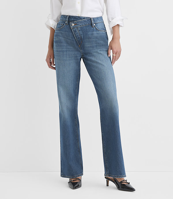 Rivete Tall Crossover Waist Mid Rise Relaxed Straight Jeans in Vintage Distressed Wash
