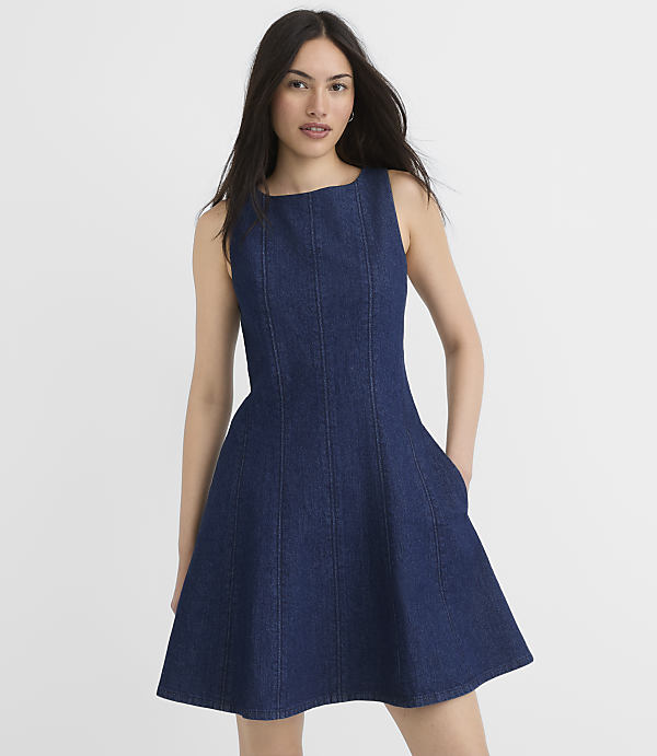 Petite Seamed Denim Flare Mini Pocket Dress in Classic Indigo Wash