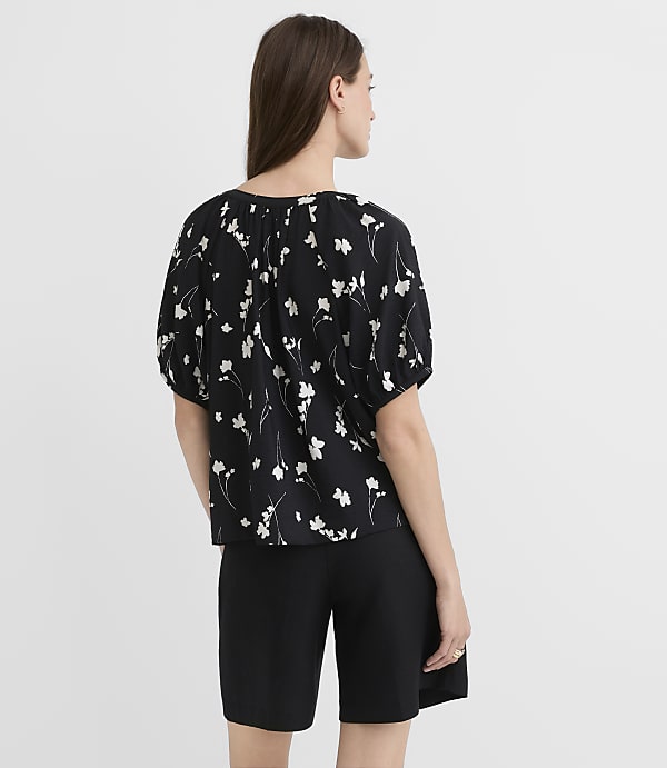 Petite Floral Puff Sleeve Split Neck Top