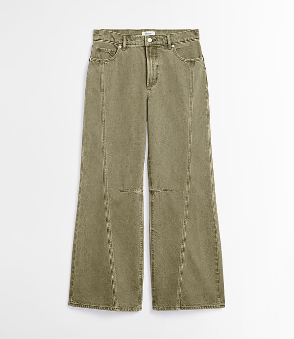 A pair of olive green wide-leg jeans with vertical seams are displayed against a plain white background.
