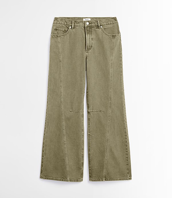 A pair of olive green wide-leg jeans with prominent vertical seams are displayed against a plain white background.