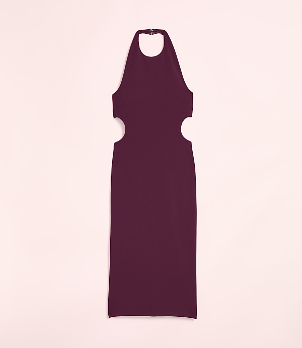 A burgundy halter neck dress with cutouts at the waist is displayed against a soft pink background.