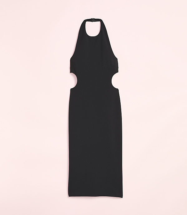 A black halter dress with cutouts on the sides is displayed against a soft pink background.