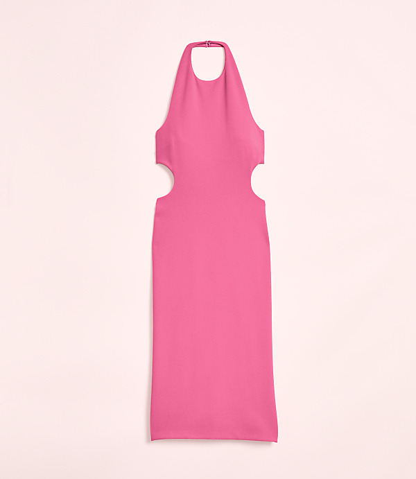 A bright pink halter dress with cutouts at the waist is displayed against a soft pink background.