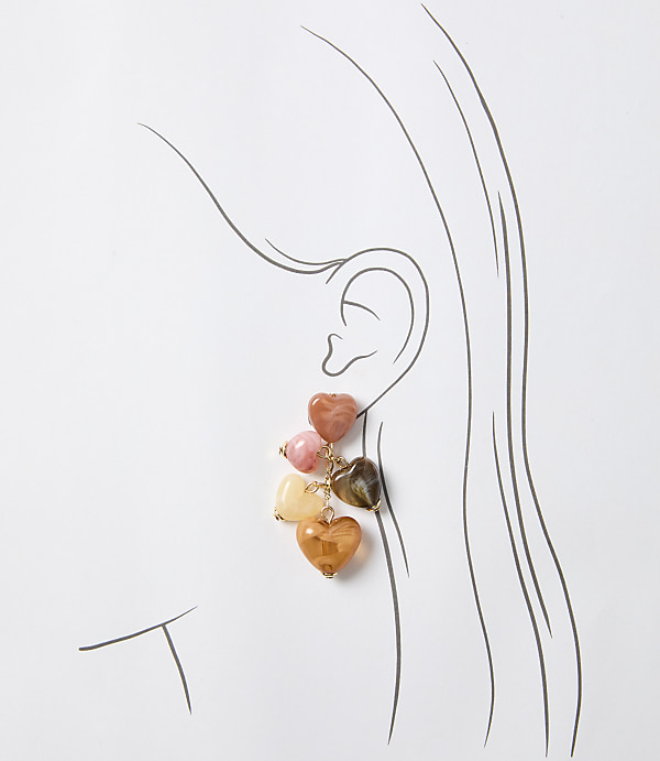 A cluster of heart-shaped beads hangs from an earring on a sketched ear against a white background.