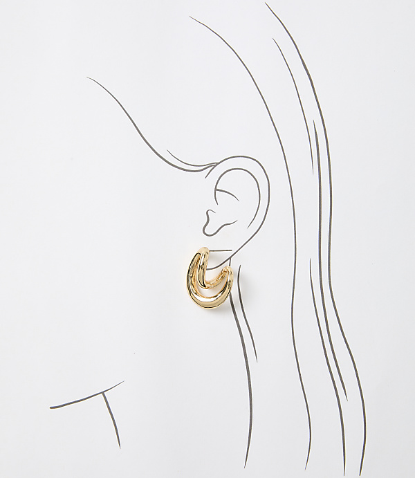 A gold, layered hoop earring is worn on a sketched ear against a plain white background.