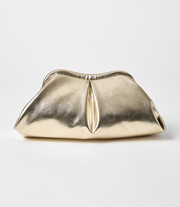 A metallic gold clutch bag with soft pleats sits on a plain white background.