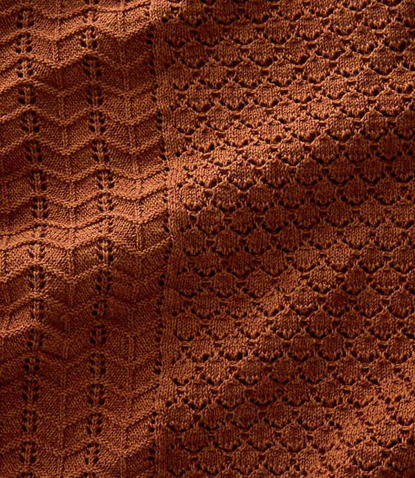 A close-up view reveals two distinct knitted patterns in shades of brown, with a chevron design on the left and a honeycomb pattern on the right, both illuminated by soft light.