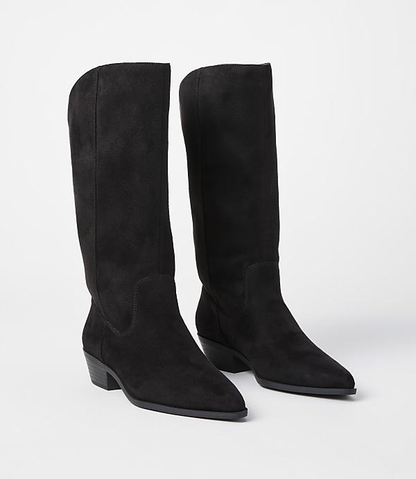 A pair of black suede knee-high boots with pointed toes and a slight heel stand on a plain white background.