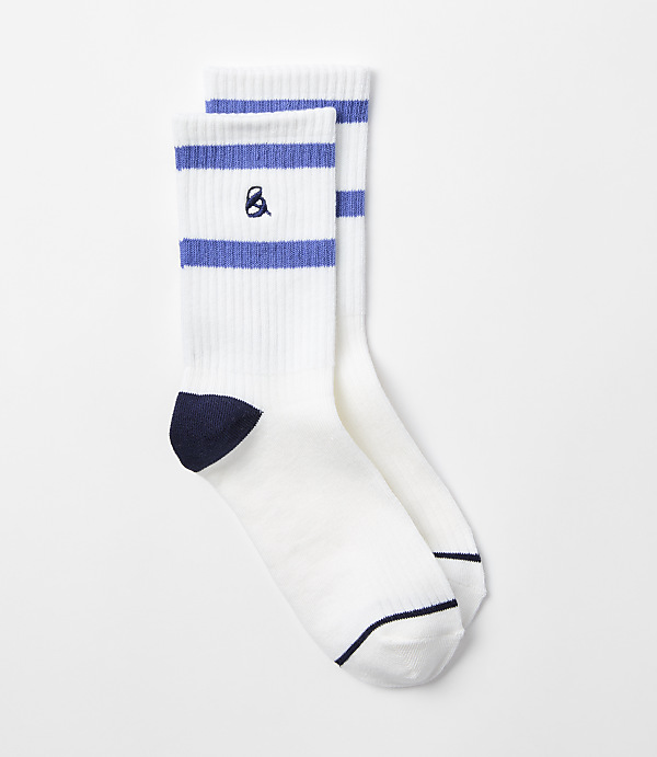 A pair of white crew socks with blue stripes and a navy toe and heel sit against a plain white background.