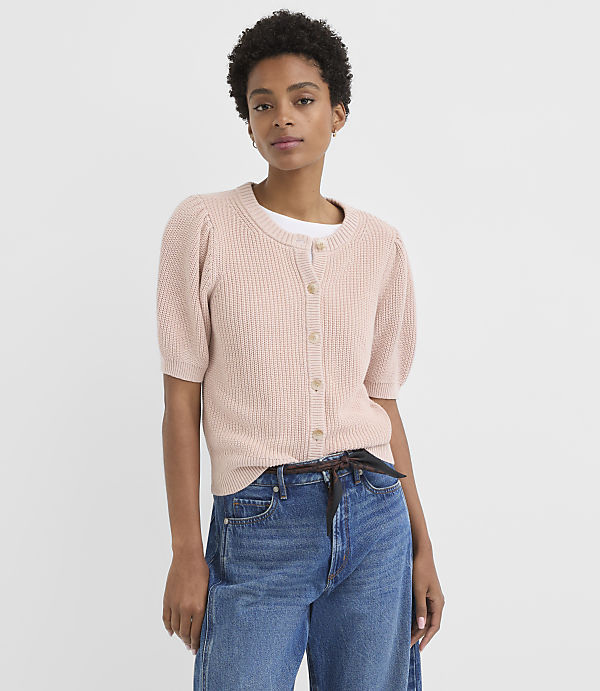 Petite Ribbed Puff Sleeve Cardigan