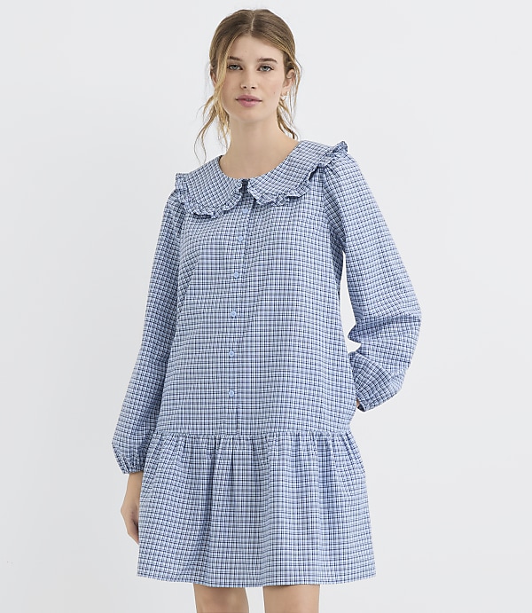 Petite Plaid Ruffle Collar Mini Pocket Dress