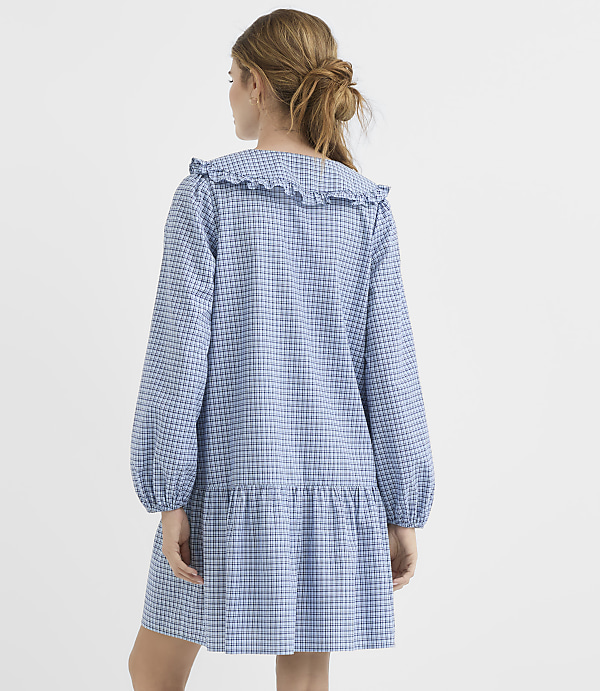 A woman in a blue gingham dress with a ruffled collar stands against a plain white background.