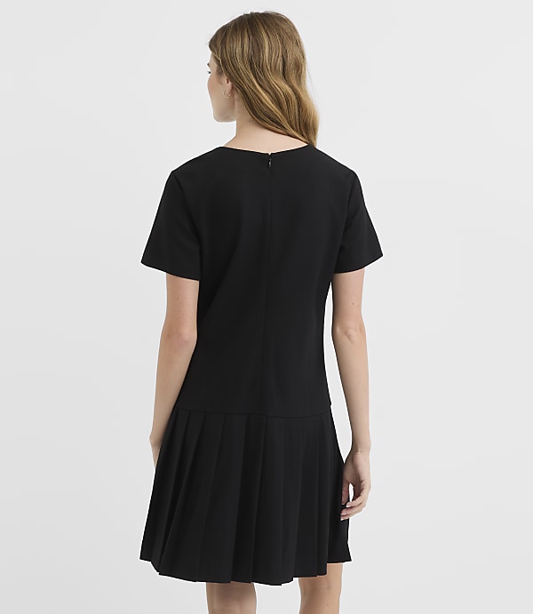 Petite Ponte Button Pleated Mini Flounce Dress