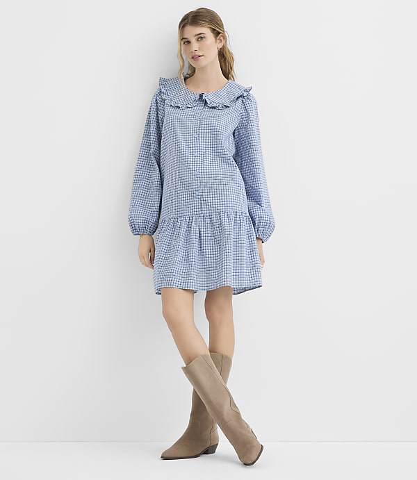 Petite Plaid Ruffle Collar Mini Pocket Dress
