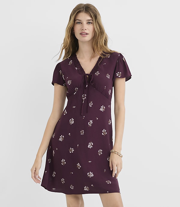 Petite Floral Lace Trim Bias Mini Dress
