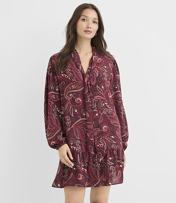 Petite Paisley Tie Neck Mini Flounce Dress