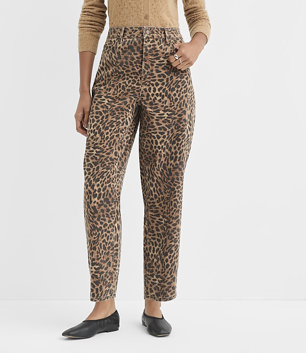 Rivete Petite High Rise Barrel Jeans in Leopard Print