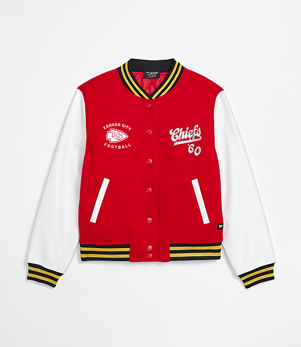 A red and white Kansas City Chiefs varsity jacket with "Chiefs 60" embroidered on the right chest is displayed against a plain white background.