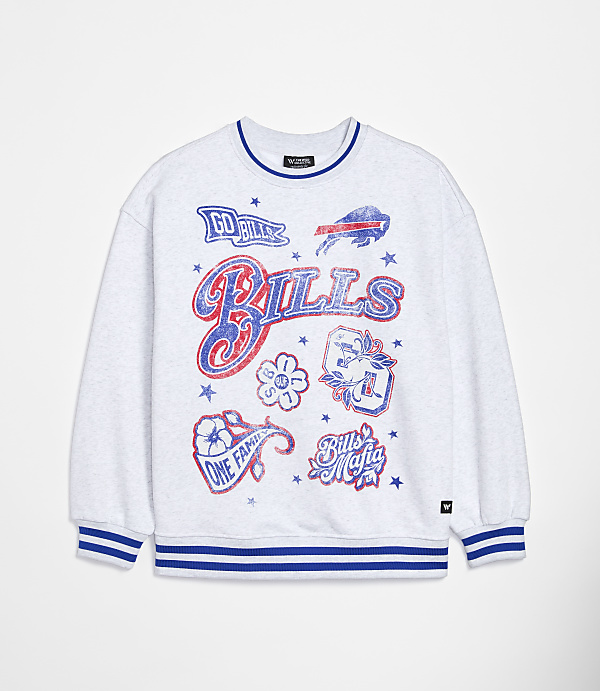 A light gray sweatshirt with blue and red Buffalo Bills graphics is displayed against a plain white background.