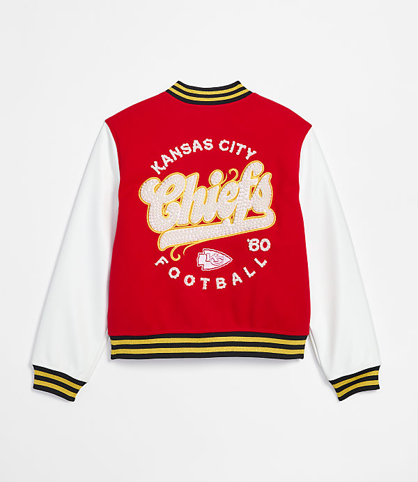 A red and white Kansas City Chiefs varsity jacket with "Chiefs Football '80" emblazoned on the back is displayed against a plain white background.