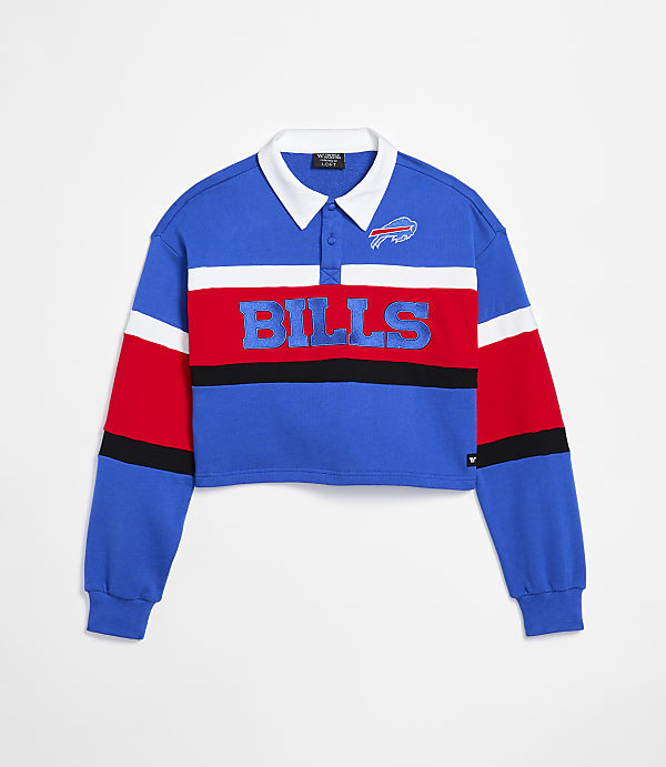 A cropped blue, red, and white striped rugby shirt with "BILLS" embroidered across the chest is displayed against a plain white background.