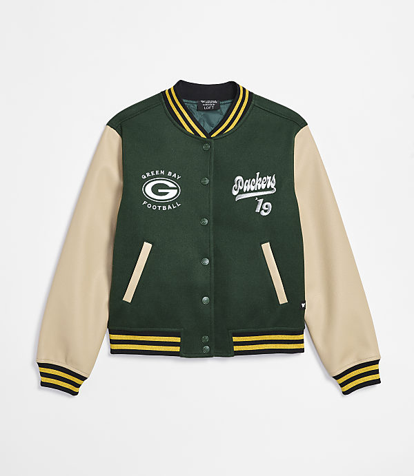 A green and beige Green Bay Packers varsity jacket with "Packers 19" embroidered on the right chest is displayed against a plain white background.