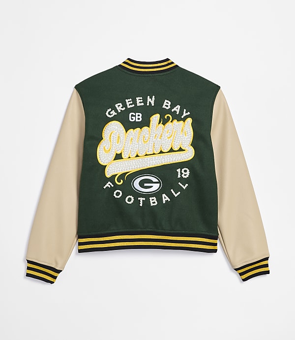 A green and beige Green Bay Packers varsity jacket with embroidered lettering and logo is displayed against a plain white background.